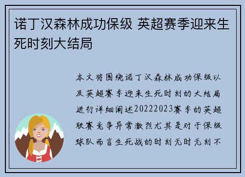 诺丁汉森林成功保级 英超赛季迎来生死时刻大结局 诺丁汉森林成功保级 英超赛季迎来生死时刻大结局